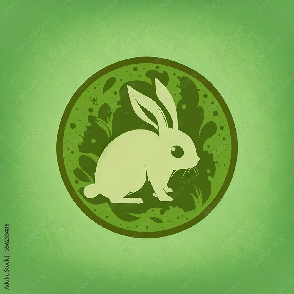 Poster a rabbit sitting in a circle with leaves around it on a green background with a green background and