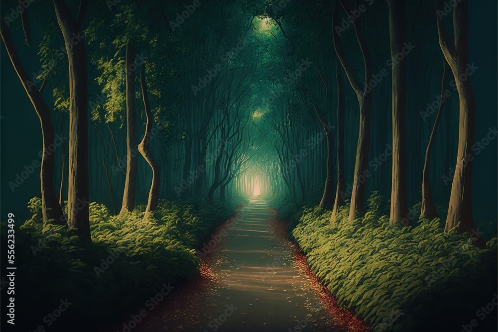 Aufkleber a painting of a path leading into a forest with a light at the end of the tunnel and trees. generati