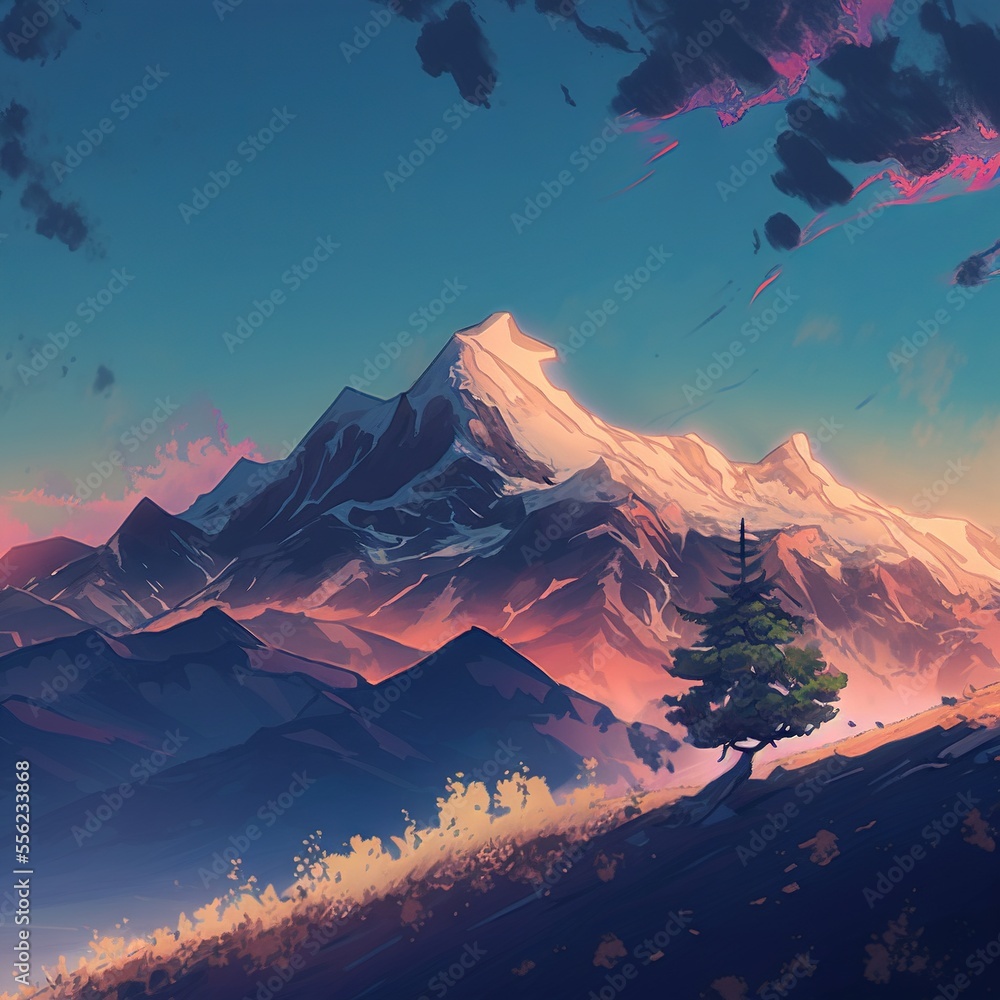 Poster  a painting of a mountain with a tree in the foreground and a sunset in the background with clouds. Generative AI