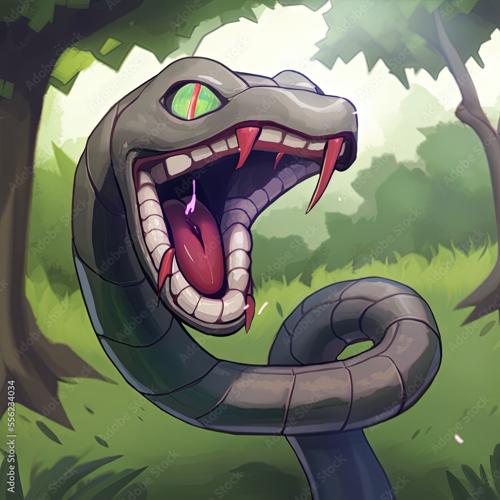 Poster a snake with its mouth open and its tongue out in the air. generative ai