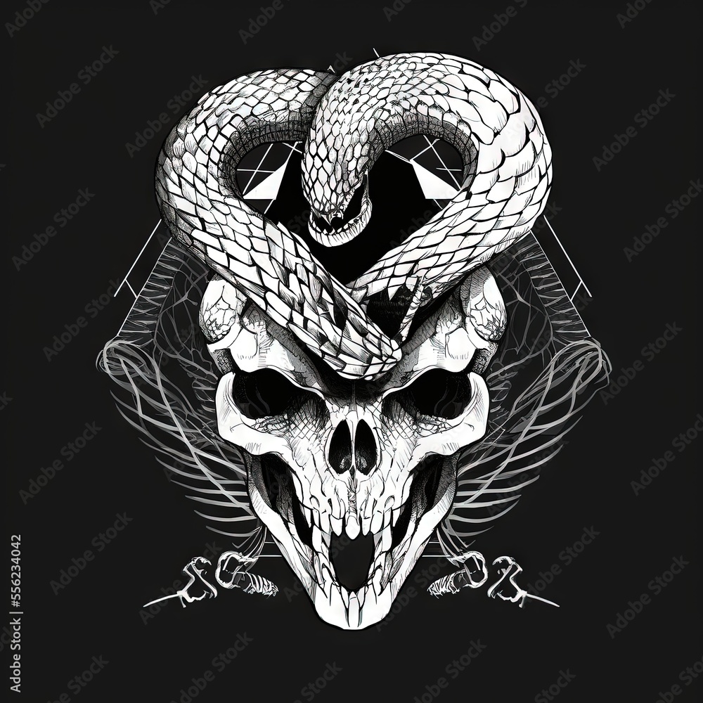 Poster a skull with a snake on it and a skull on the other side of it. generative ai