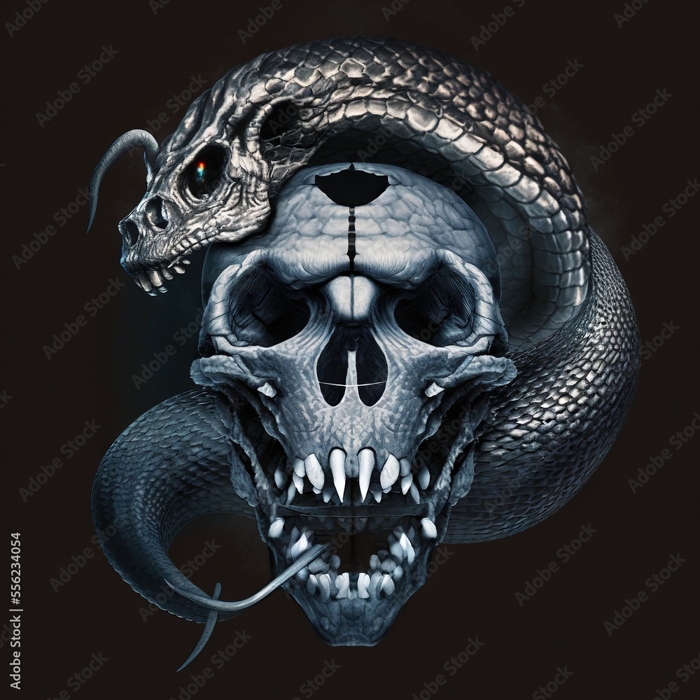 Poster a skull with a snake on it's head and a snake on the back of it's head. generative ai