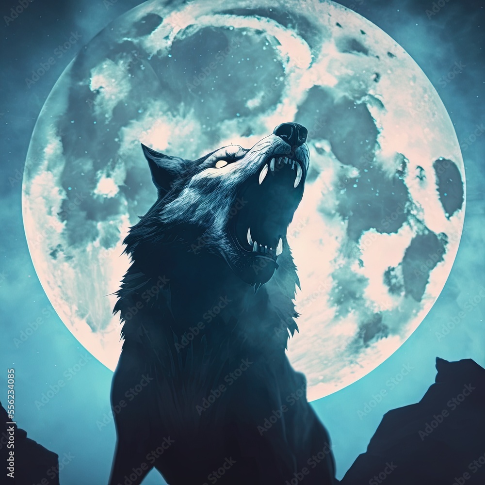 Poster a wolf standing in front of a full moon with its mouth open and teeth wide open. generative ai