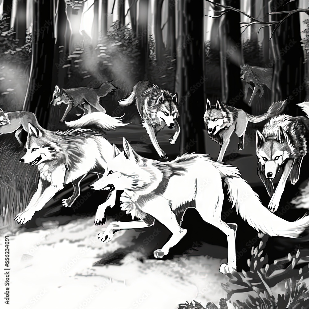 Poster a group of wolfs running through a forest in black and white. generative ai