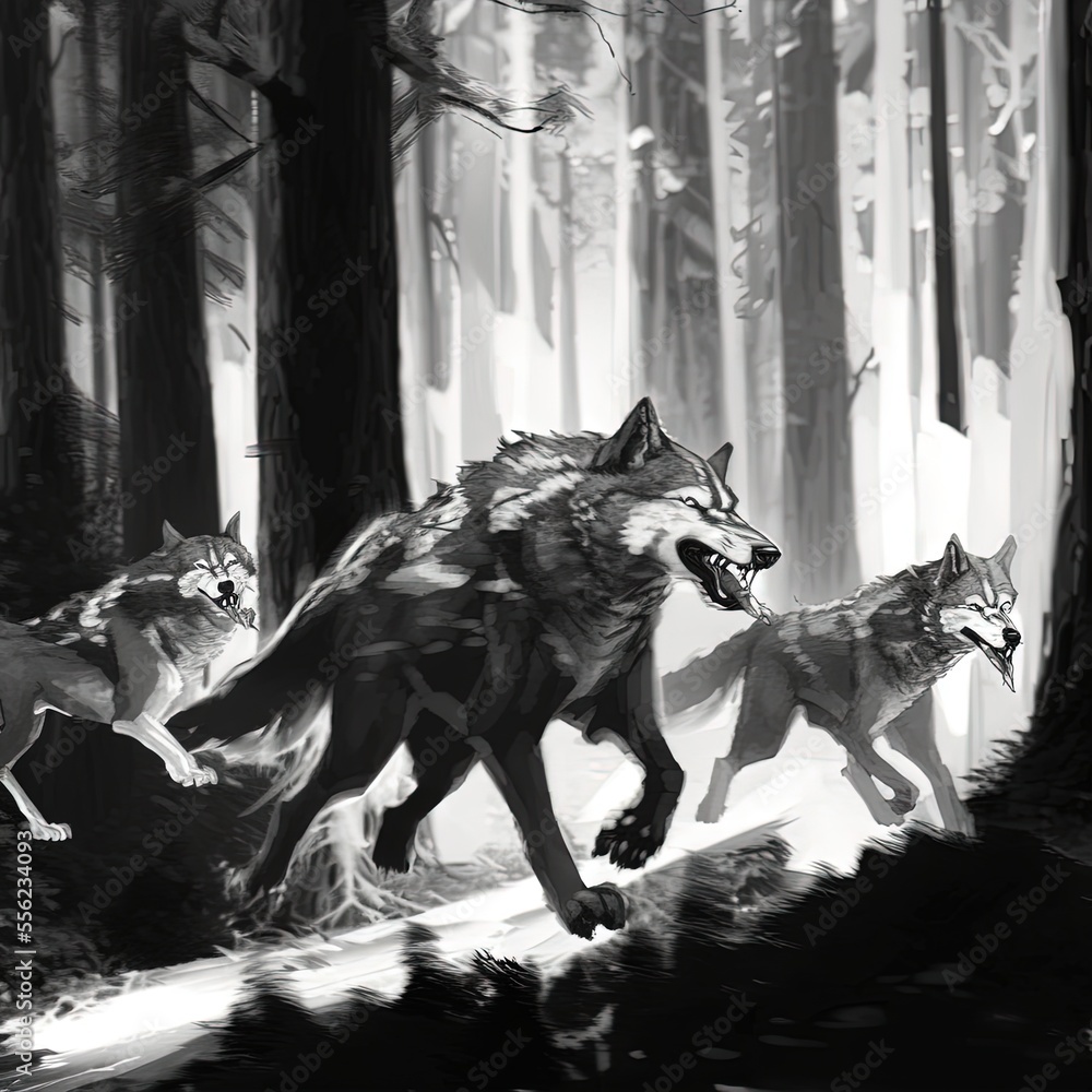 Poster a group of wolfs running through a forest in black and white. generative ai
