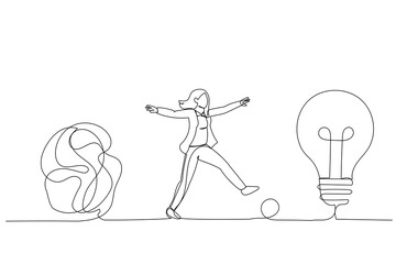 Drawing of smart businesswoman walking away from mess chaos line to simple lightbulb idea. Simplify idea. Single continuous line art