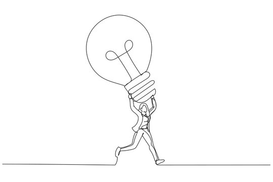 recommend clip art: Drawing of excited businesswoman carrying big lightbulb idea running to invent new product. Big idea. Single line art style