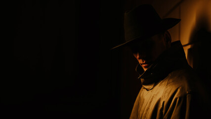 mysterious portrait in the noir style of a male detective at night
