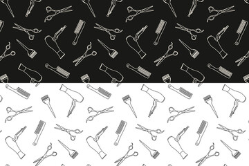 doodle pattern with hairdressing tools, beauty salon background, barbershop advertising banner on black and white background with line drawings