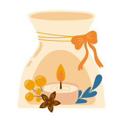 Cozy aromatherapy aroma lamp with ceramic incense burner and berries with star anise, hygge decoration