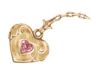 Watercolor illustration with vintage heart shaped medallion with gemstone. Isolated on white.