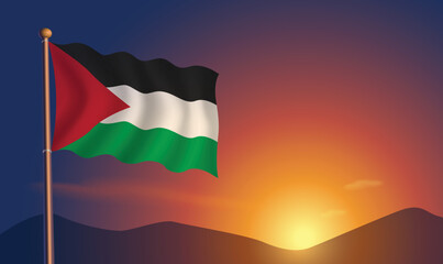 Palestine flag sunset background  Vector Illustration