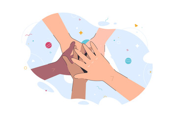 People folded their hands. Together. Abstract concept of diverse nationality collaborate together for successful result. Team celebration winning and goal achievement idea. Vector illustration.