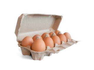 Open box with fresh brown eggs isolated on white background, clipping path. Fresh organic chicken eggs in carton box.