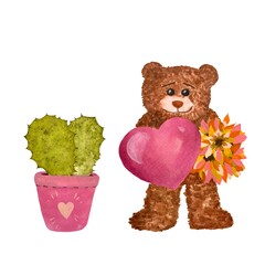 Valentine cactus bear heart flower a watercolor 