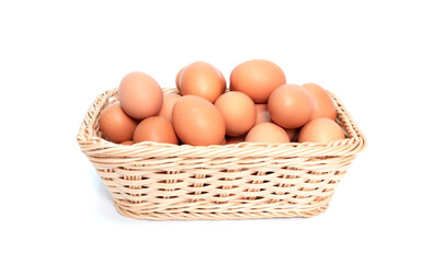 fresh organic chicken eggs. on brown basket,