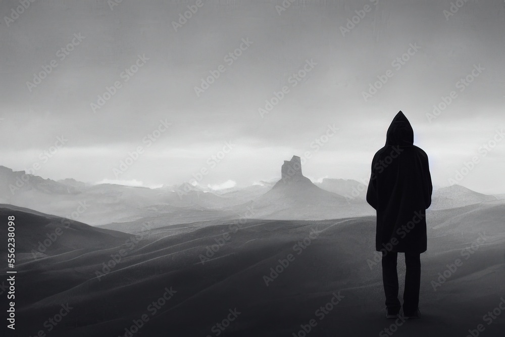 Poster a person standing in the middle of a desert with mountains in the background and a foggy sky above. 
