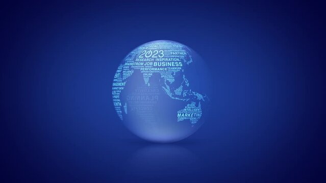 2023 start up business icon with words world map spinning on blue gradient background, Happy new year 2023 global business start up concept, Elements of this image furnished by NASA