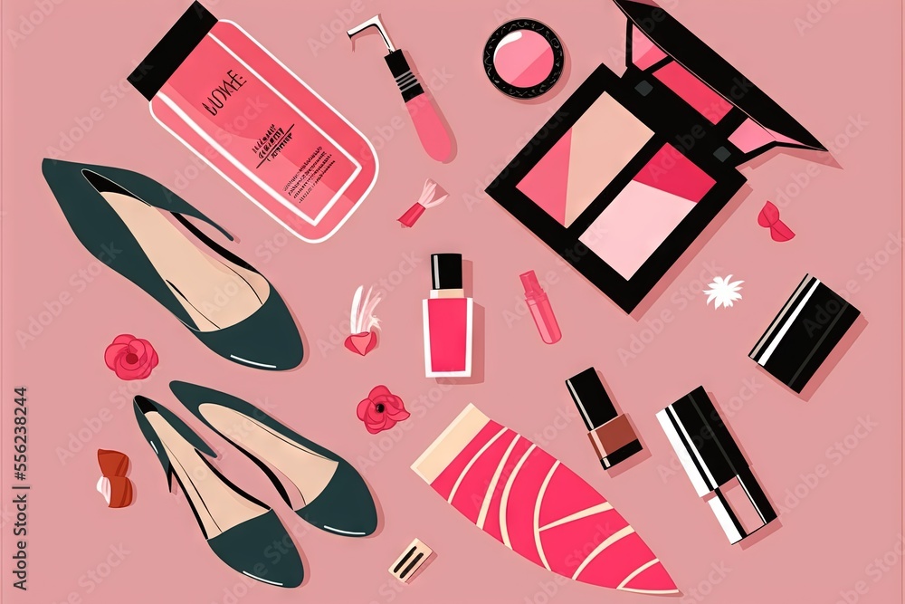 Poster a pink background with various items that include shoes. generative ai