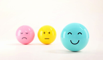 Naklejka premium Set of emoji emoticons with sad and happy mood, evaluation, Increase rating, Customer experience, Satisfaction and best excellent services rating concept, Customer service evaluation. 3d render.