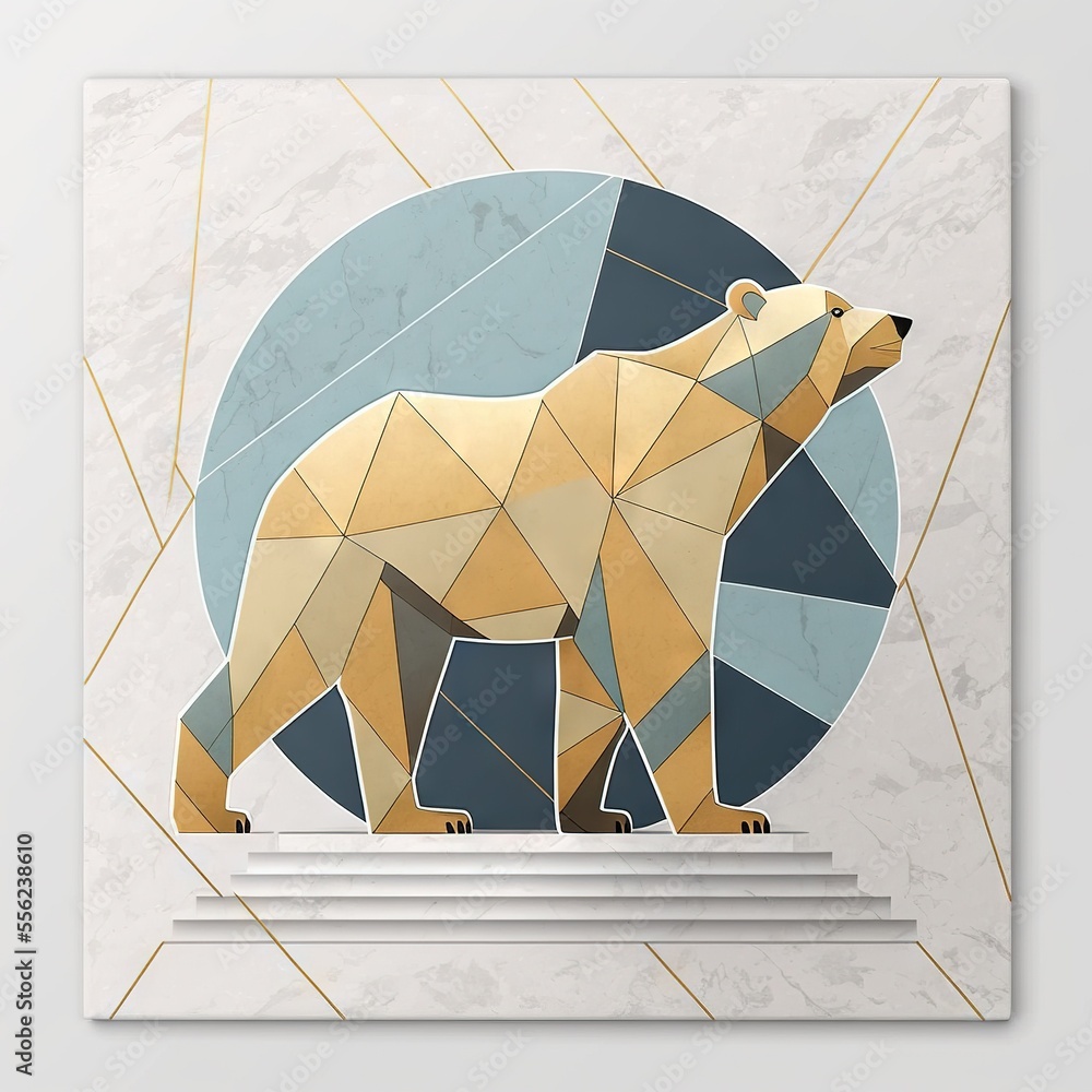 Poster a bear is standing on a step with a geometric background and a blue circle behind it that has a gold
