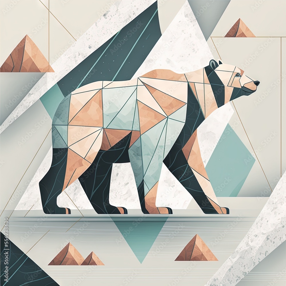 Poster a bear is standing on a rock with geometric shapes around it and a mountain in the background with a