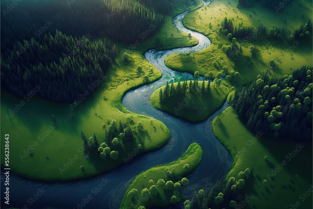 Poster a painting of a river running through a lush green forest filled with trees and grass. generative ai