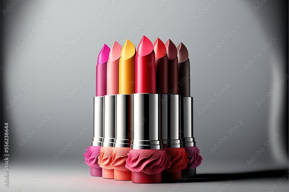 Poster a group of lipsticks sitting on top of each other on a table with a gray background and a light shin