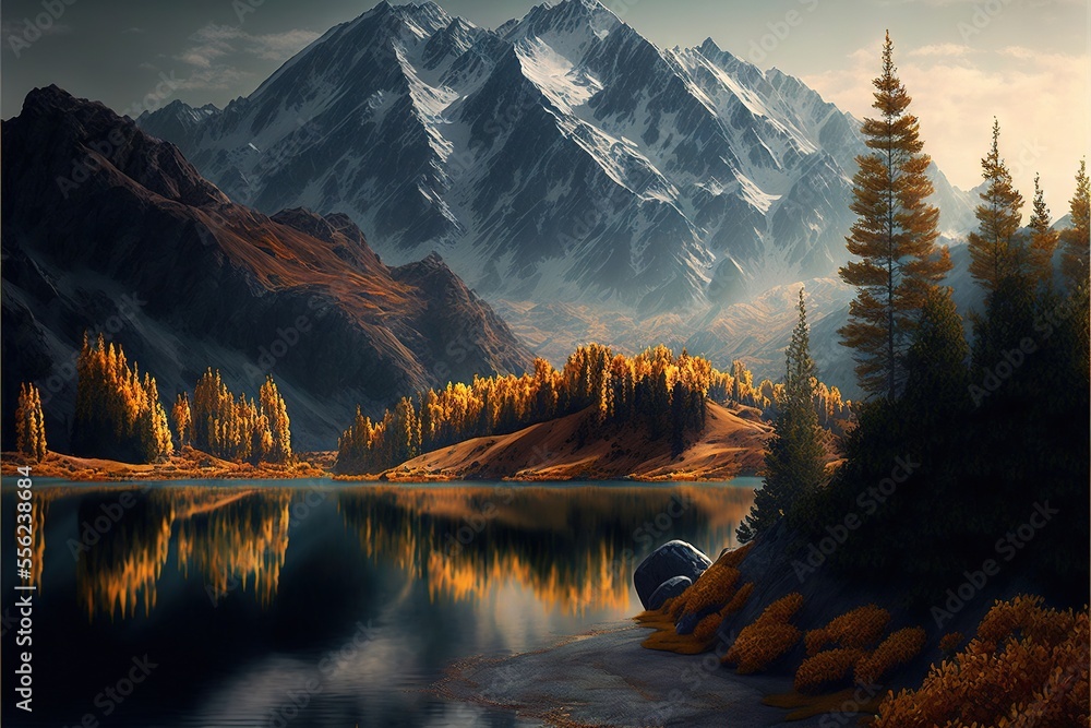 Poster a painting of a mountain range with a lake and trees in the foreground and a boat on the water. gene