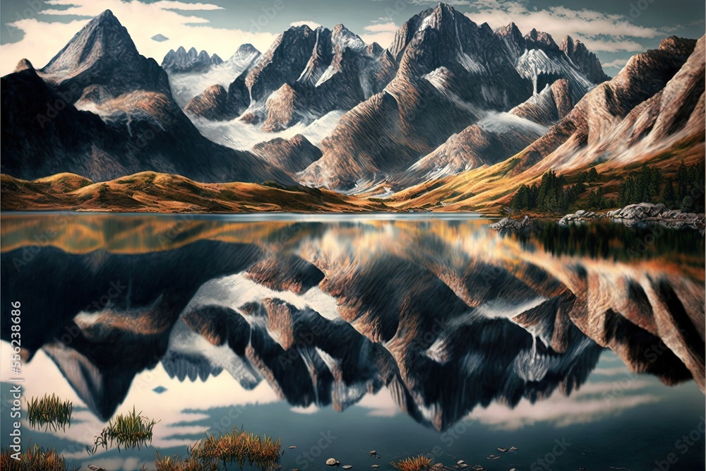 Poster a painting of mountains reflecting in a lake with a sky background and a few clouds in the sky above
