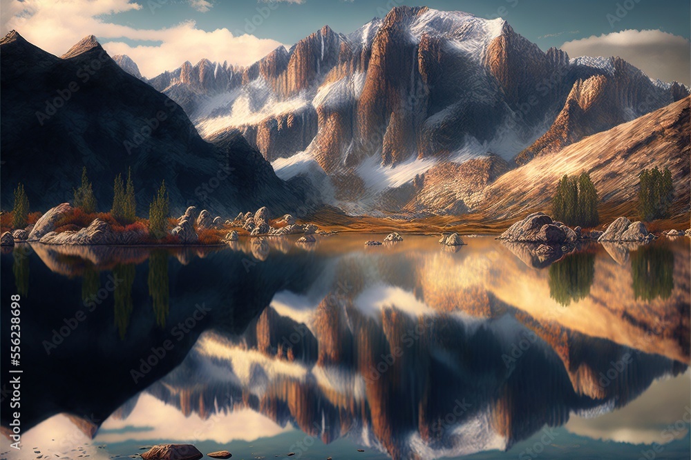 Poster a mountain range with a lake and mountains in the background with clouds in the sky and a few trees 