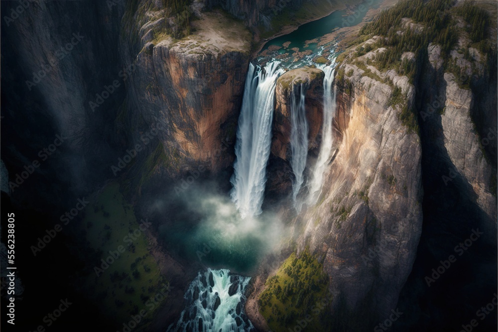 Poster a waterfall with a river running through it and a forest below it. generative ai