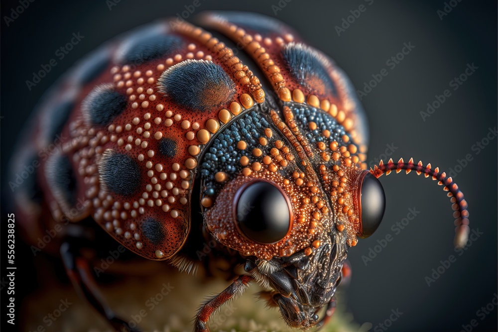 Poster a close up of a bug on a plant stem with a black background and a black background behind it. genera