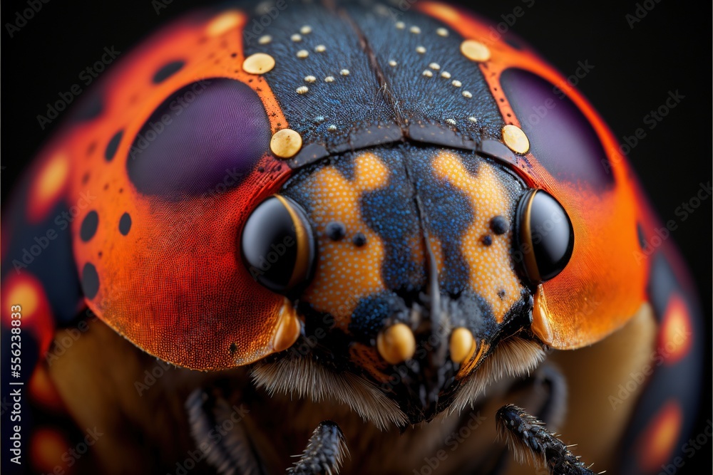 Poster a close up of a bug with lots of dots on it's face and eyes. generative ai