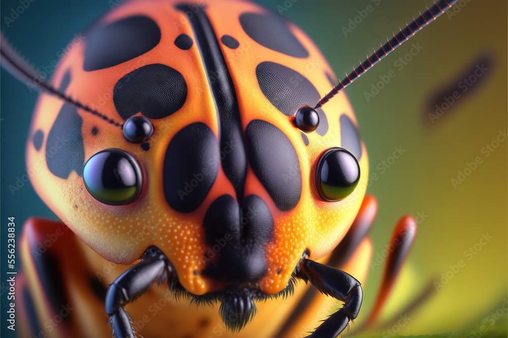 Poster a close up of a bug with a green background and a yellow background with black dots on it's face. ge
