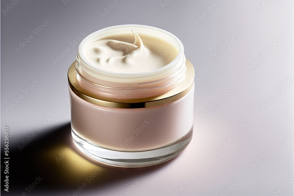 Aufkleber a jar of cream sitting on a table with a shadow on it's surface and a white background. generative a