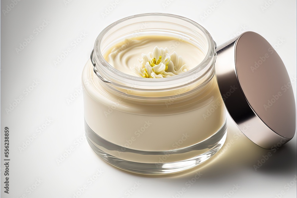 Poster a jar of cream with a flower inside of it on a white surface with a silver lid and a white backgroun