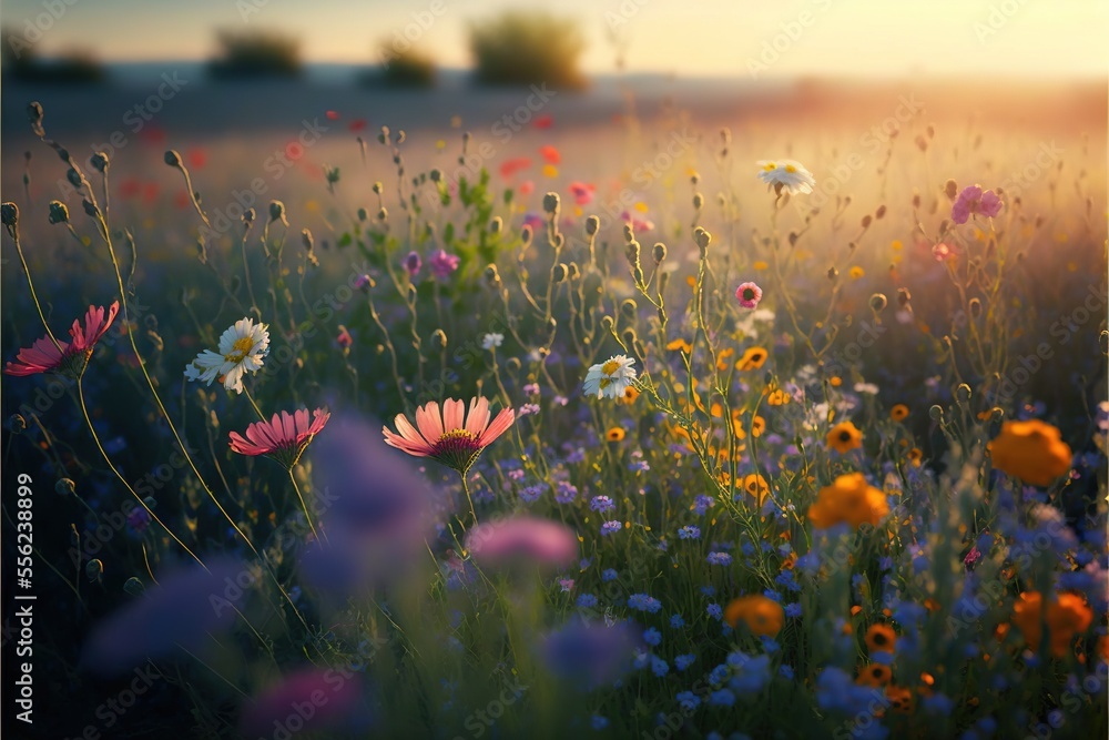 Poster a field of flowers with the sun shining in the background and a field of wildflowers in the foregrou