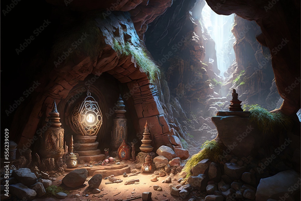 Poster a cave with a lantern and a lantern in it's center and rocks and rocks around it. generative ai