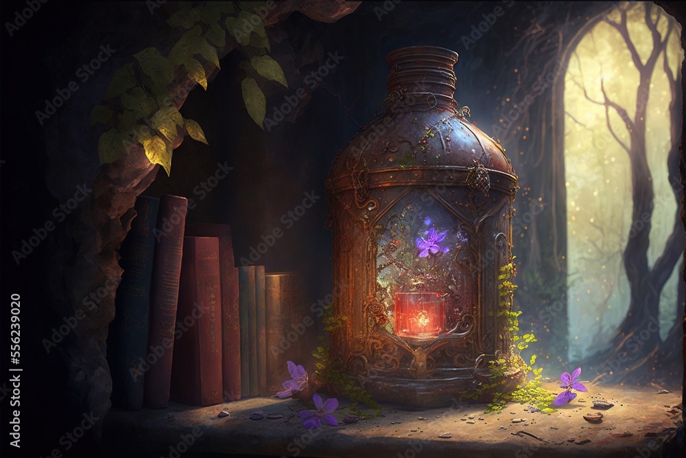 Poster a lantern with a candle inside of it surrounded by books and plants and flowers in a dark forest wit