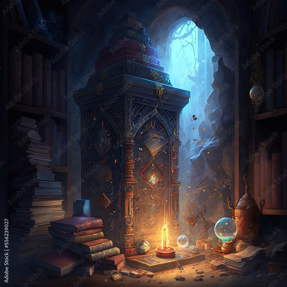 Poster a room with a book shelf and a candle in it and books scattered around it and a window with a light 
