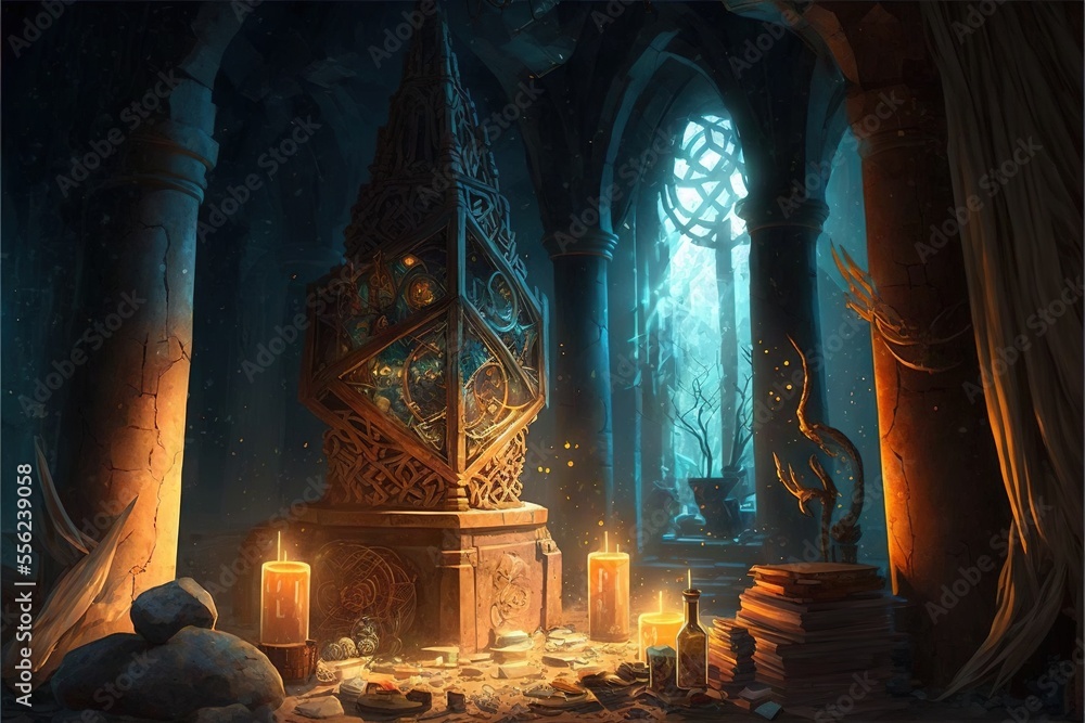 Poster a painting of a clock in a dark room with candles on the floor and a window in the background. gener