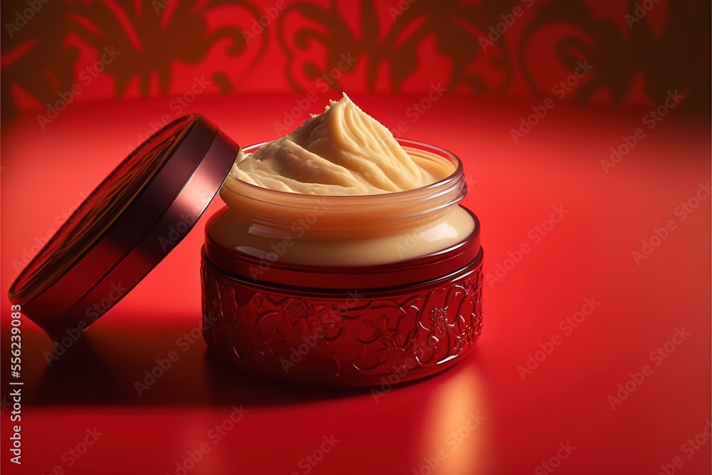 Poster a jar of cream sitting on a red table next to a red container with a lid on it and a red background.