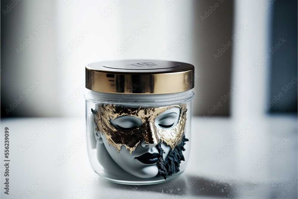 Aufkleber a white mask with gold trim in a jar on a table with a white background and a gold lid. generative a