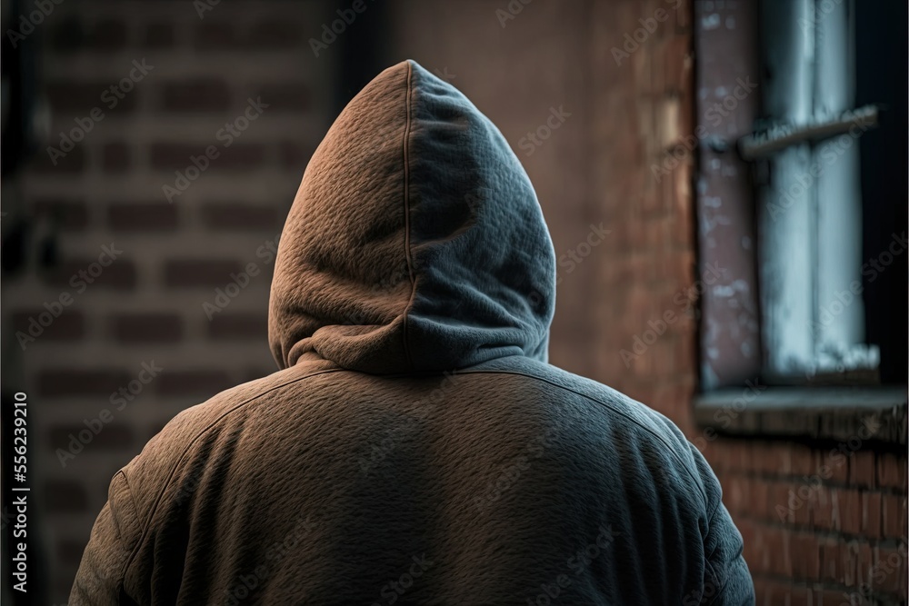 Poster  a person in a hooded jacket looking out a window at a brick building with a window pane in the background. Generative AI