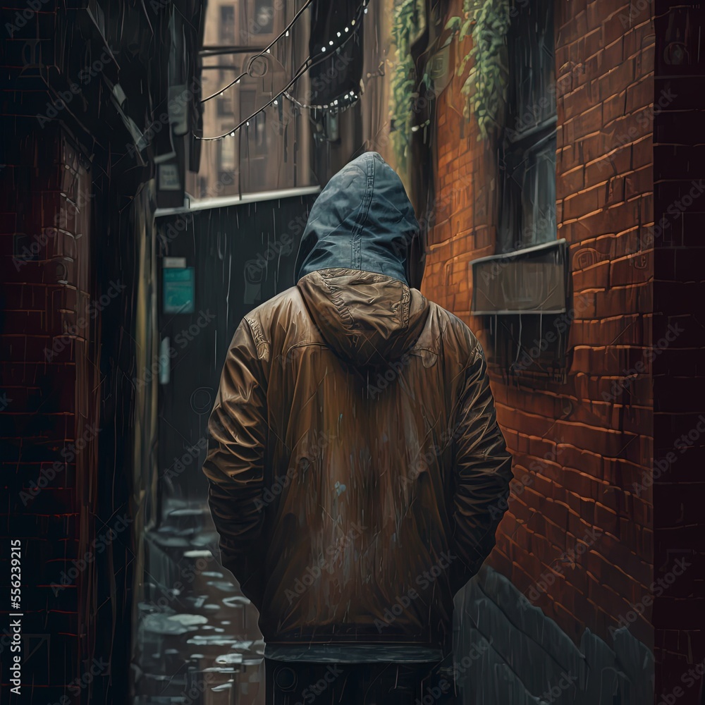 Poster a man walking down a street in the rain with a jacket on and a hood on his head and a string of ligh