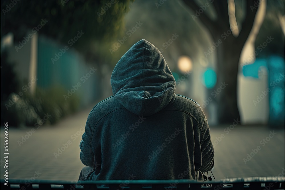 Poster a person sitting on a bench in the dark with a hoodie on and a tree in the background. generative ai