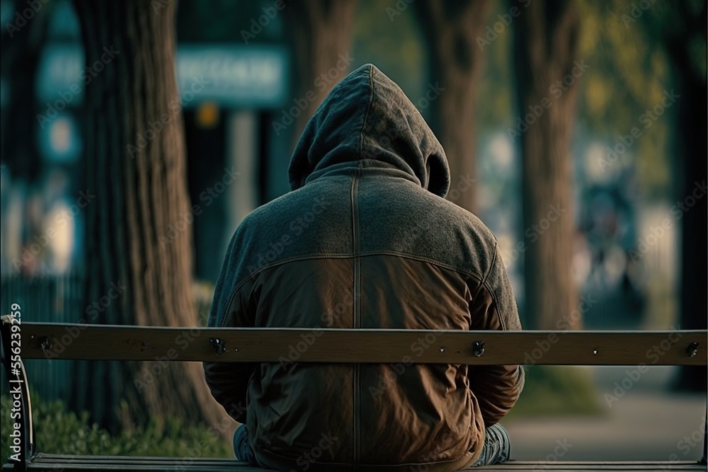 Poster a person sitting on a bench in the park with a hoodie on and a tree in the background. generative ai