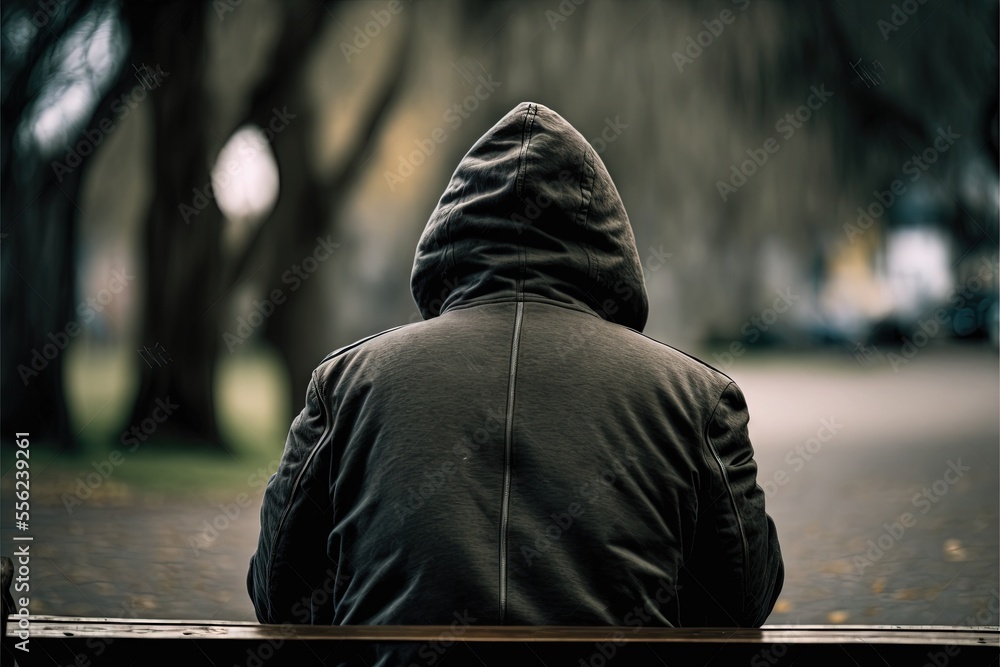 Poster a person sitting on a bench in a park with a hoodie on and a tree in the background. generative ai