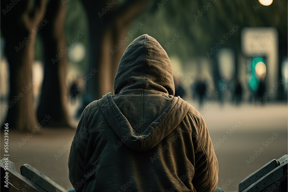 Poster a person sitting on a bench in a park with a hoodie on and a tree in the background. generative ai